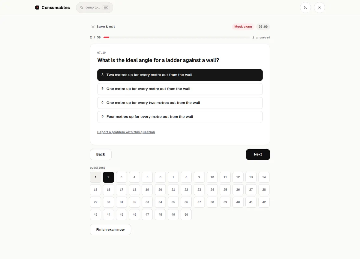 A mock exam question with four answers and a timer