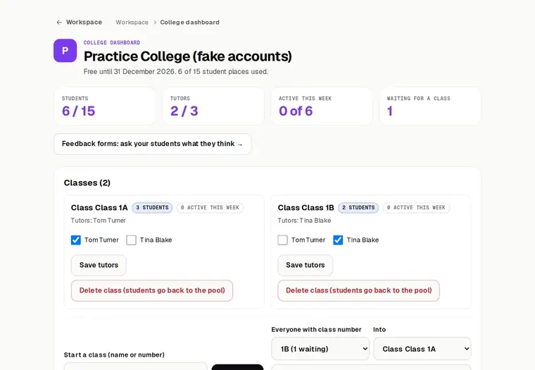The college admin dashboard: classes, tutors, and every student with their class and courses