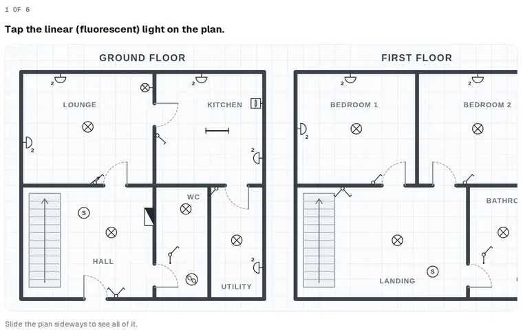 A Job Ready lesson: finding and tapping symbols on a two-floor house plan