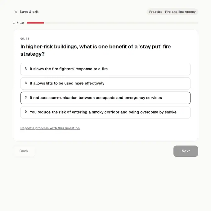 A practice question being answered: the right answer shows in green, with the reason, then the next question