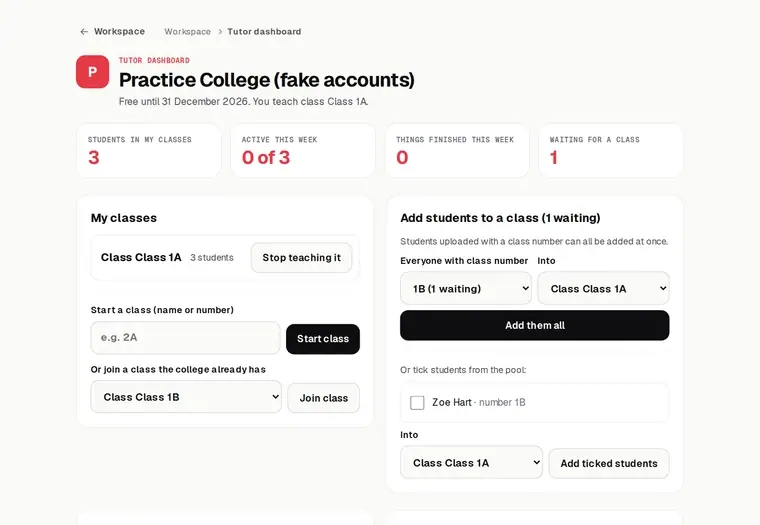 A tutor's dashboard: set work for a class, then each student's courses, progress and weak topics